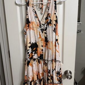 Millibon Floral Halter Mini Dress in Black, Orange & Cream